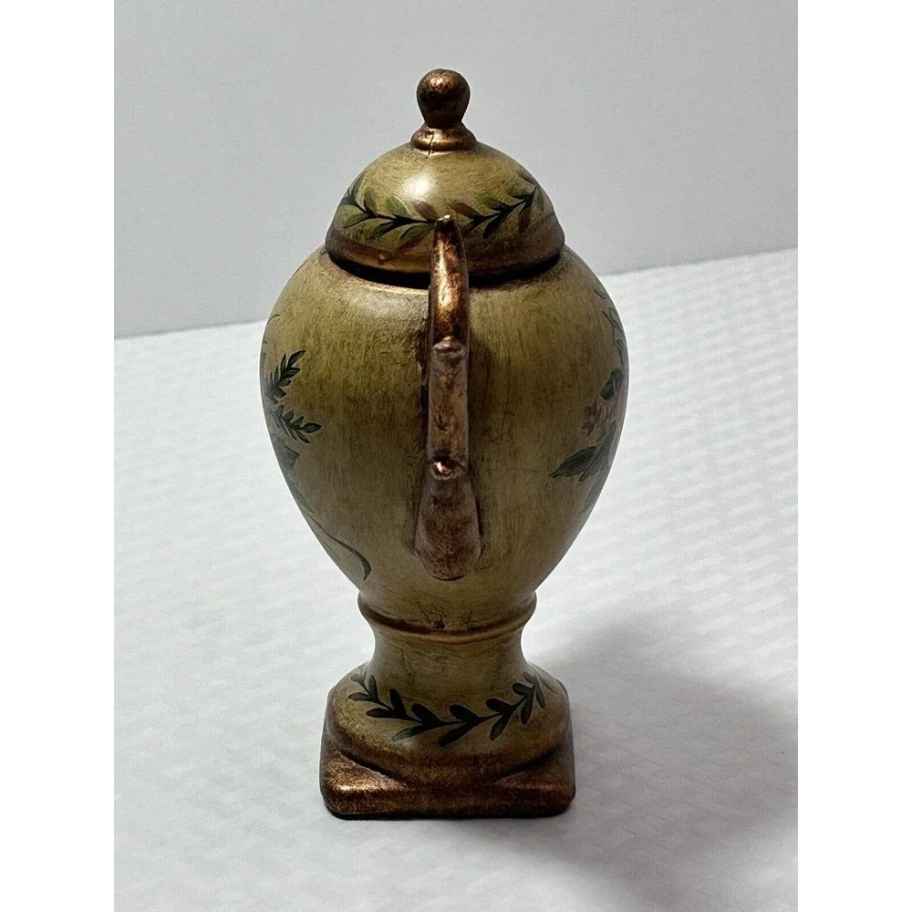 Floral Art Handpainted Ceramic Gold Urn Handle Pedestal Vase‎ W/ Lid